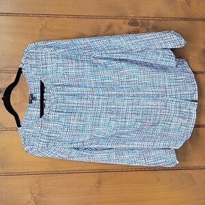 Talbots Light Weight Long Sleeve Hidden Front Button Blouse Red White Blue